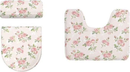 Pink Rose Toilet Seat Cover and U Shaped Rug 3 Pcs Set, Anti-Slip Toilet Lid Tank Cover Contour Mat Easy to Install Universal Fit Round Oval Elongated Toilets for Home, Floral Bathroom Decor