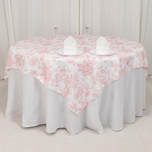 70x70 inch White Pink French Toile Polyester Square Tablecloth Vintage Square Pastoral Floral Rustic Table Cloth Washable Table Cover for Indoor&Outdoor, Farmhouse Decor, Picnic, Tabletop Decoration