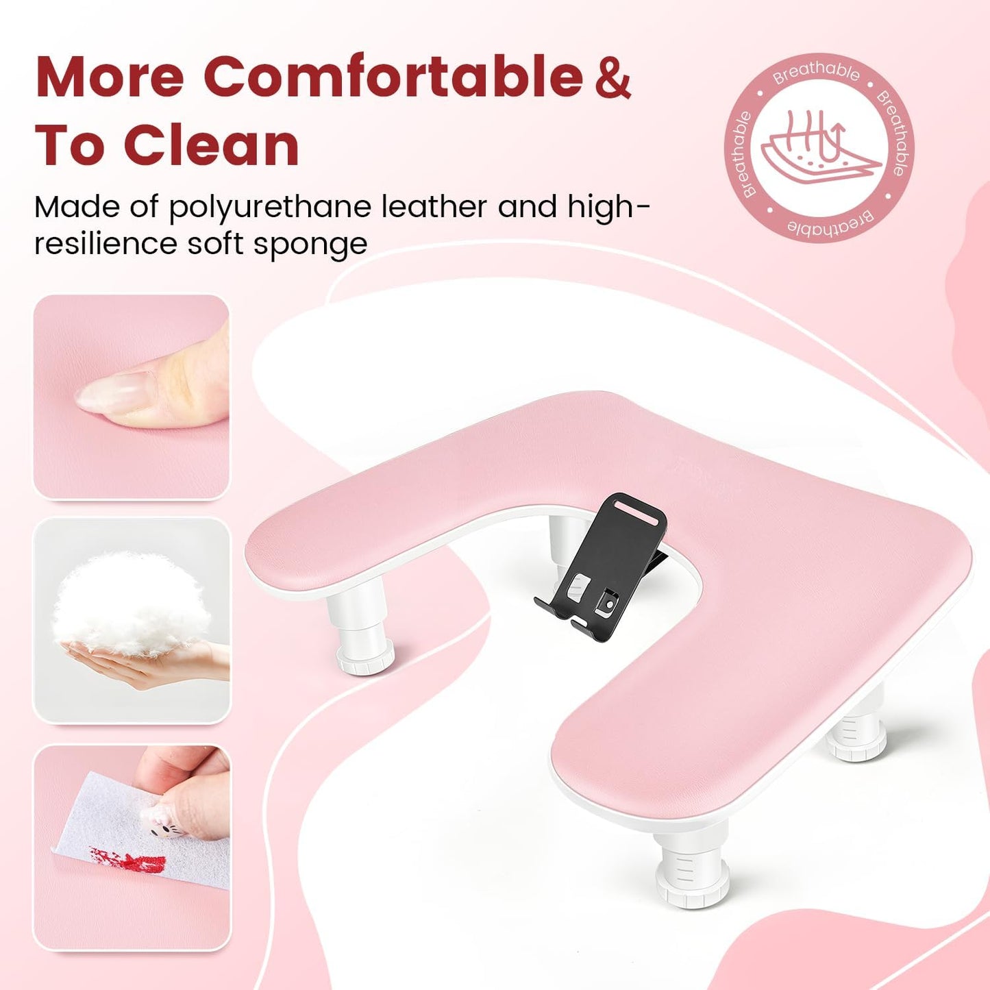 JODSONE Pink U-Shaped Manicure Arm Rest for Nails Tech with Rotating 360°Built-In Phone Holder and Adjustable Nail Arm Rest Detachable Manicure Hand Rest for Salon Design