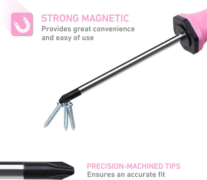 FASTPRO 8-Piece Pink Magnetic Screwdrivers Set with 4 Phillips and 4 Slotted Tips, Precision Screwdriver Repair Tool Kit for Women