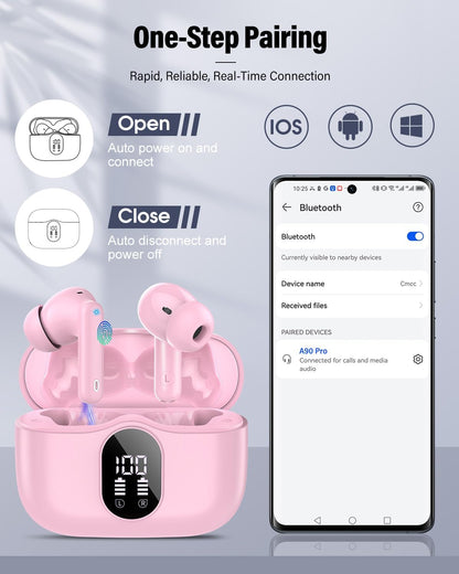 Wireless Earbuds, Bluetooth 5.4 Headphones Bass Stereo, Ear Buds with Noise Cancelling Mic, LED Display in Ear Earphones Clear Calls, IP7 Waterproof Bluetooth Earbuds for Laptop/Phones/Sports, Pink