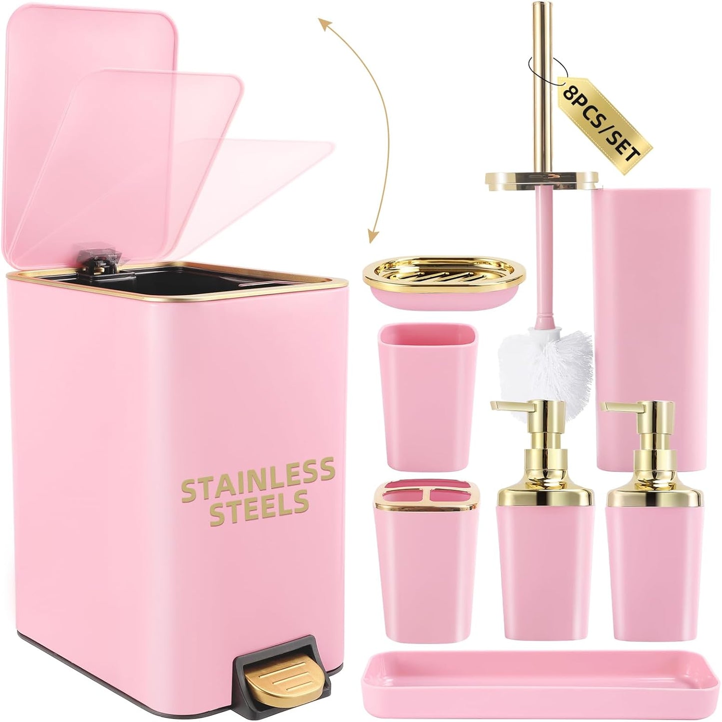 XLHOMO Pink Bathroom Accessories Set 8 Piece Pink and Gold Bathroom Set, Bathroom Sets with Stainless Steel Trash Can,Toilet Brush,Toothbrush Set,Soap Dispenser