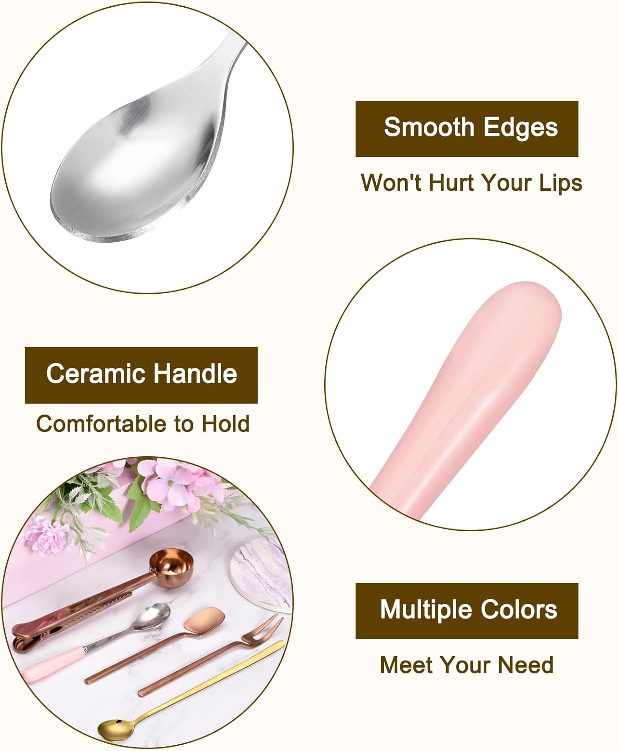 uxcell Stainless Steel Coffee Spoon with Ceramic Handle 5.7 Inch Small Dessert Spoons Tea Spoon for Cake Sugar Coffee, Pink