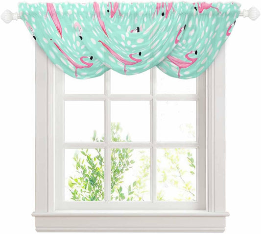 Waterfall Valances for Windows, Green Flamingo Transparent Swag Valance Curtains for Living Room Kitchen, Polka Dot Modern Art Sheer Drapes Curtains for Bedroom,38.5"x47.2",3 Panels