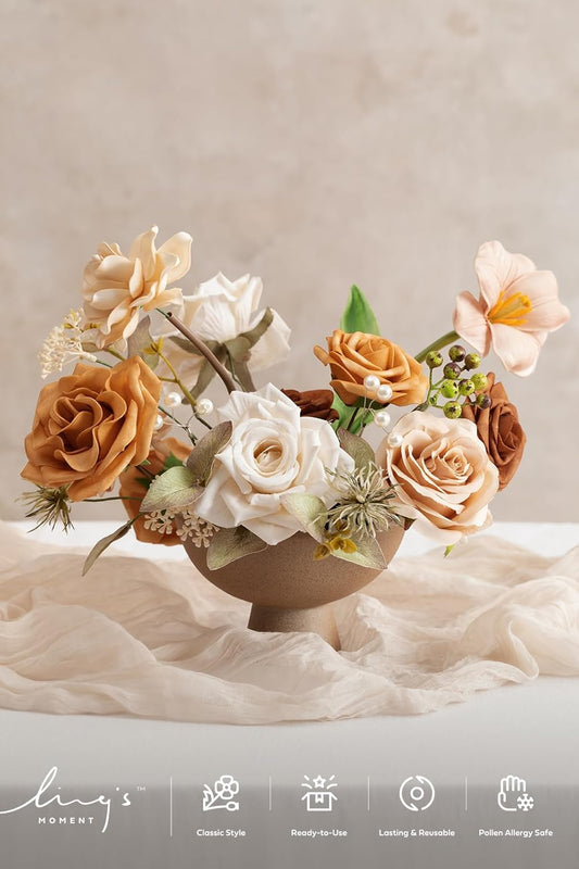 Ling's moment Fake Flowers Box, Faux Artificial Greenery Stems Foam Roses Dahlia Gardenia Tulip Silk Fabic Flower for Centerpieces Bouquet Wedding Vase Decorations, Apricot & Peach, Mini Combo