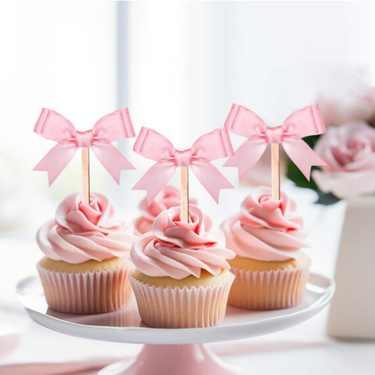 24Pcs Pink Bow Cupcake Toppers Pink Bow Birthday Decorations for Coquette Bridal Baby Shower Wedding Themed Party Decorations Supplies (pink)