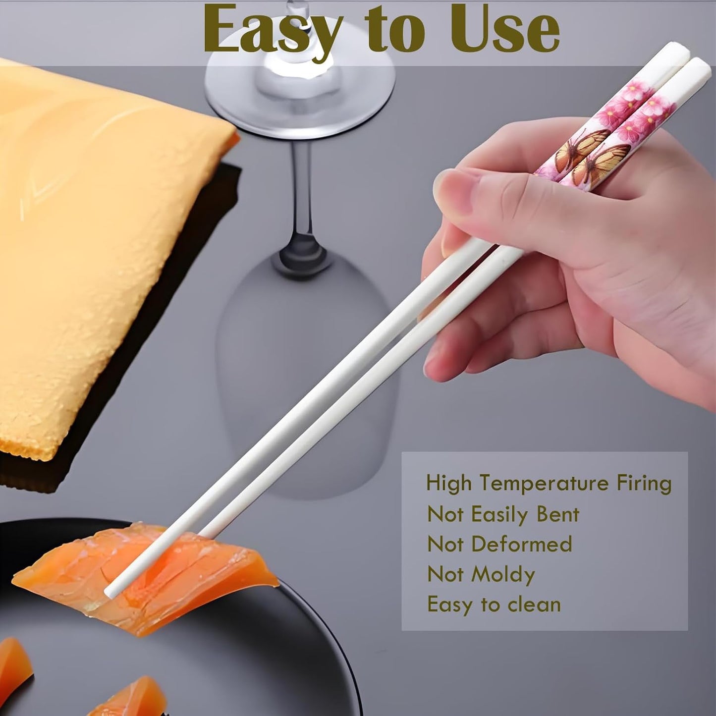 Ceramic Chop sticks Set of 5, Cute Chinese Porcelain Chopsticks dishwasher basket Safe Easy To Clean, 9.7-Inch (Pink Butterfly)