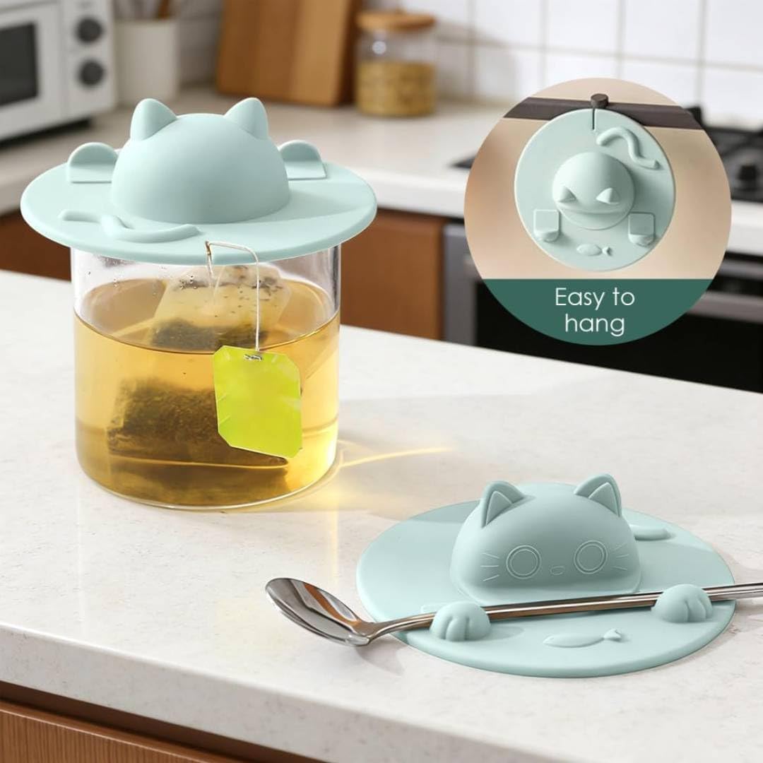 4PCS Silicone Tea Bag Holder, Cat-Designed Cup Cover with Tea Bag Holder Mug Lid for Coffee Milk Tea (Light Pink)