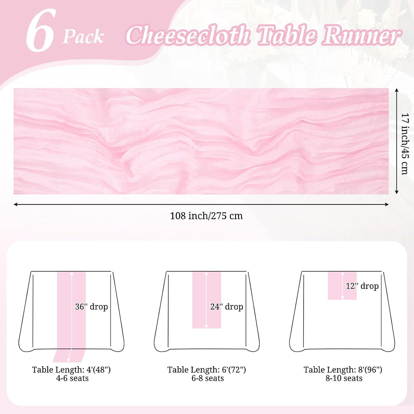 YMHPRIDE 6 Pack Light Pink Cheesecloth Table Runner 17 x 108 inch Table Runner Long Boho Cheese Cloth Gauze Semi Sheer Cheese Cloth Table Runners for Wedding Party Birthday Baby Shower