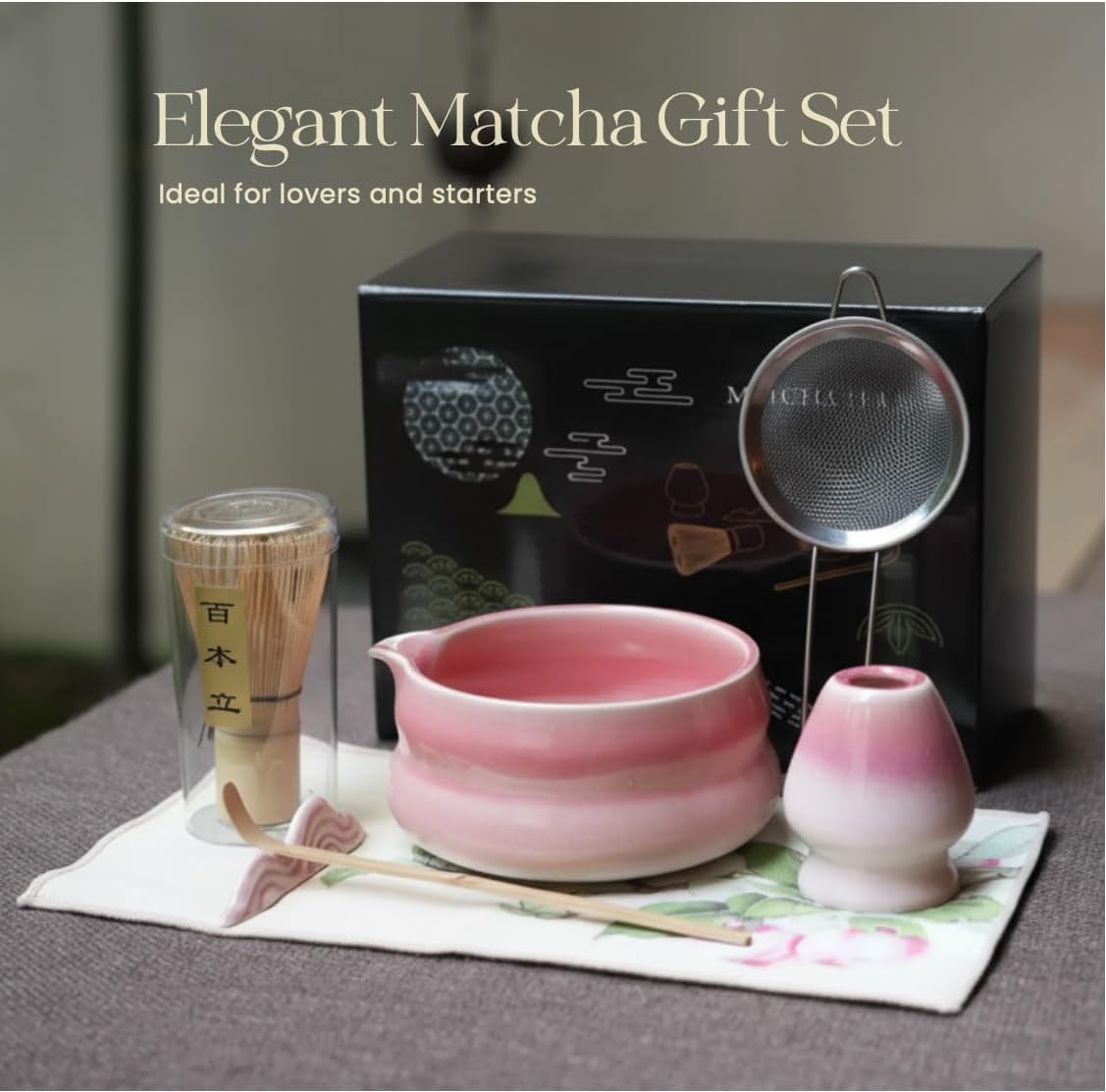 7pcs sunset pink matcha whisk set with cute 'Chubby Belly' design - complete matcha kit set includes bamboo whisk, bowl, stand, scoop, sifter, towel -ideal gift for women and Japanese tea ceremony
