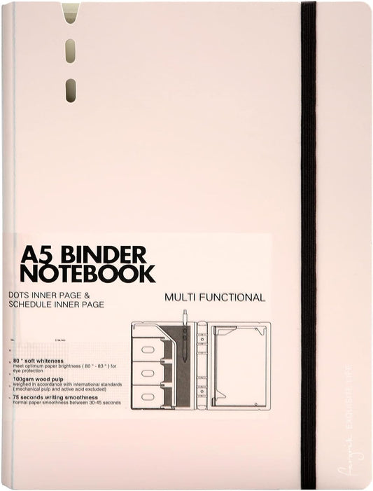CAGIE A5 Binder 6 Ring Notebook with Dividers Refillable Planner Binder with Pockets, Refill Paper Include Planning Square Ruled and Dotted Pages, 6.89 x 9.25 In, (Pink, A5 Daily&Dot Page)