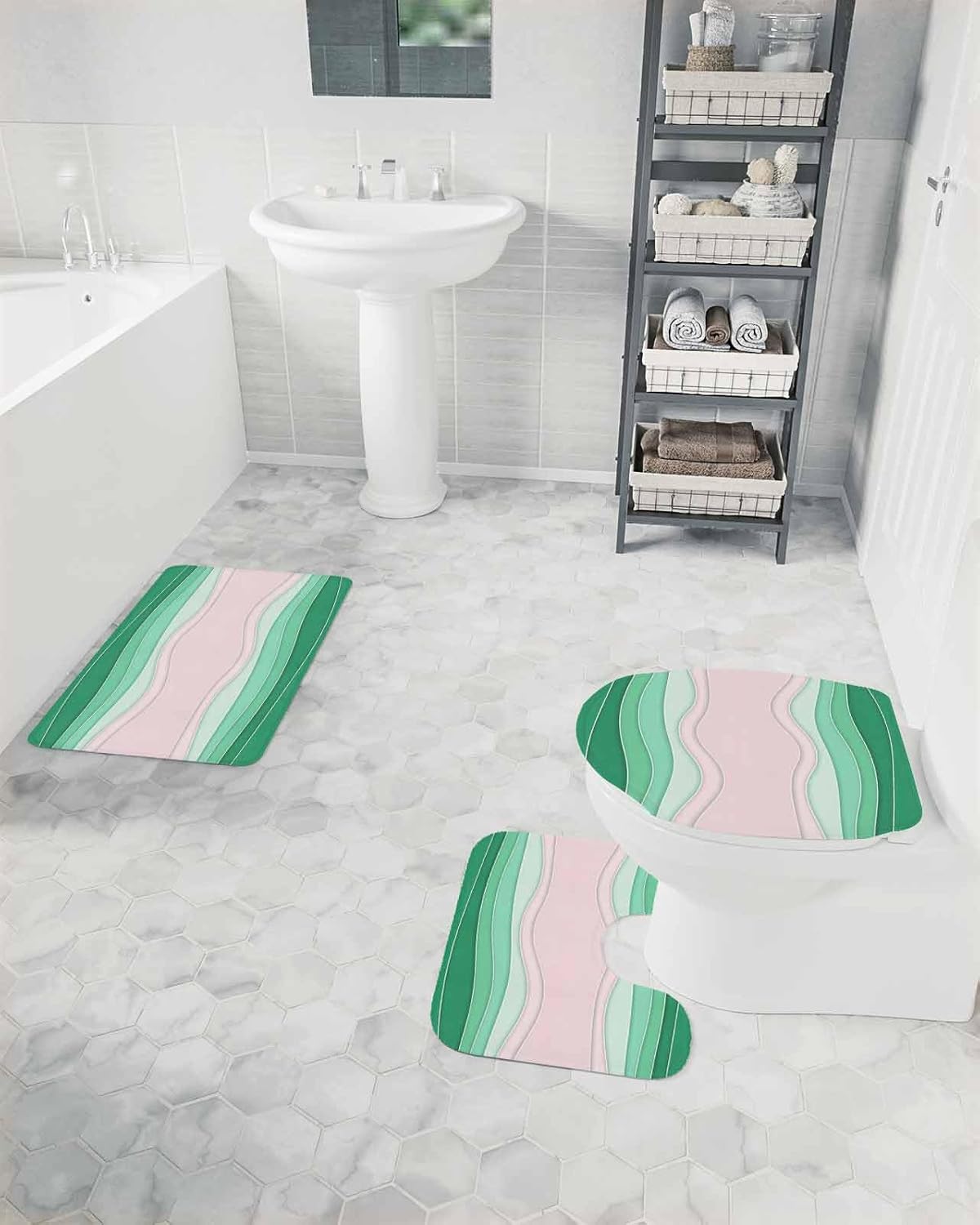 Green Stripes Bathroom Rugs Mat Sets 3 Piece, Light Pink Ombre Simple Abstract Lines Bath Shower Rugs with U-Shaped Contour Toilet Mat, Small Absorbent Bathtub Runner Rugs Floor Mats