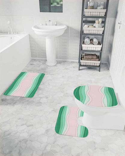 Green Stripes Bathroom Rugs Mat Sets 3 Piece, Light Pink Ombre Simple Abstract Lines Bath Shower Rugs with U-Shaped Contour Toilet Mat, Small Absorbent Bathtub Runner Rugs Floor Mats