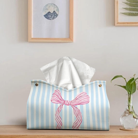 Pink Coastal Bow Striped Tissue Box Cover,Coastal Granddaughter Aesthetic Trendy Decorative Tissue Holder,Aesthetic Coastal Tissue Box Cover for Girls Dorm Room Beach Bedroom Bathroom 9.8x5.9x7In