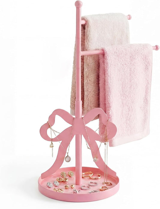 Chumia Pink Bow Towel Holder for Bathroom, F-Shape Cute Pink Hand Towel Stand with 2 Swivel Arm and Base, Coquette Jewelry Storage Standing Towels Bar for Women Girls Bathroom Kitchen Countertop