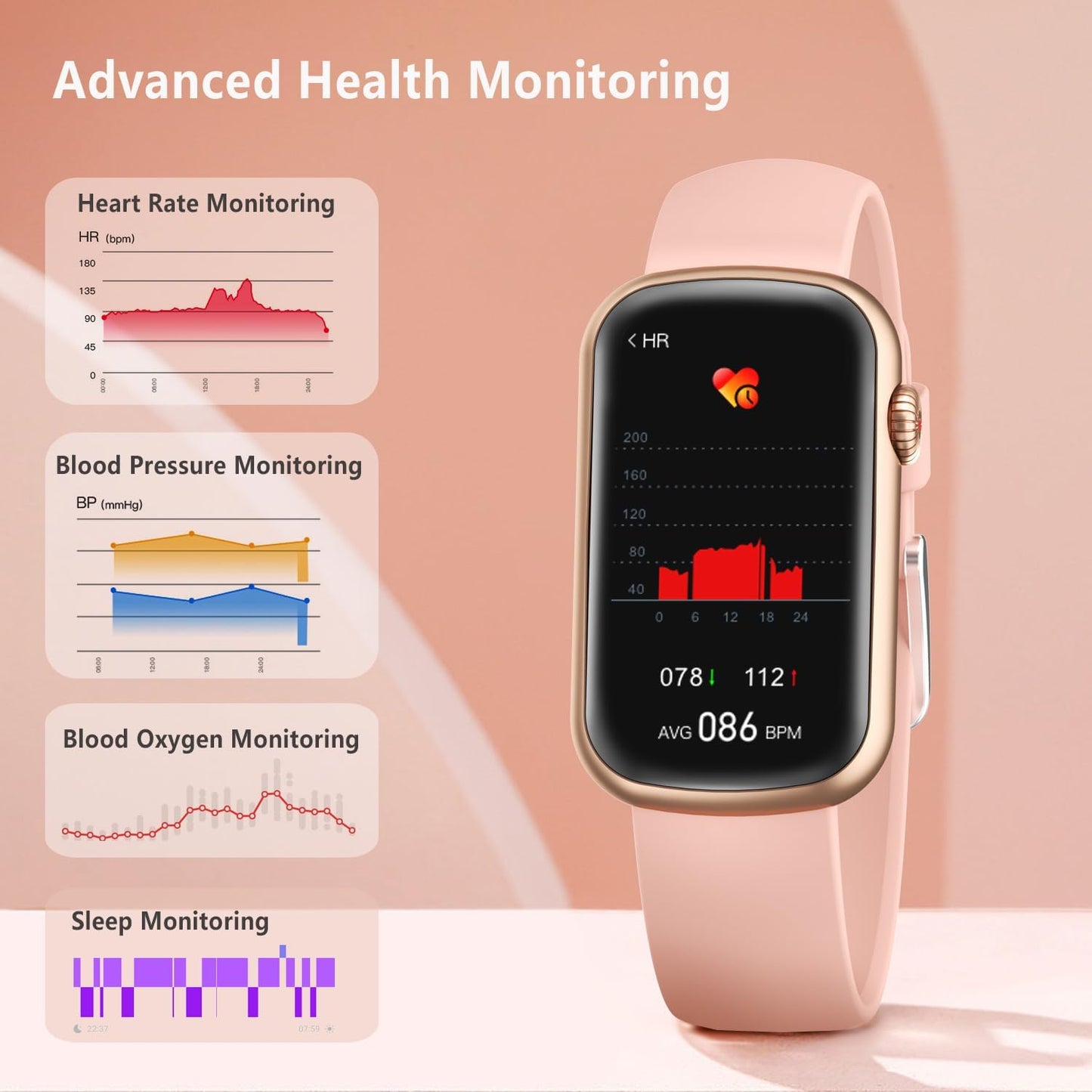 FITVII Slim Fitness Tracker with Blood Oxygen, Blood Pressure, 24/7 Heart Rate and Sleep Tracking, IP68 Waterproof Activity Trackers and Smart Watches with Step Tracker, Pedometer for Women Men
