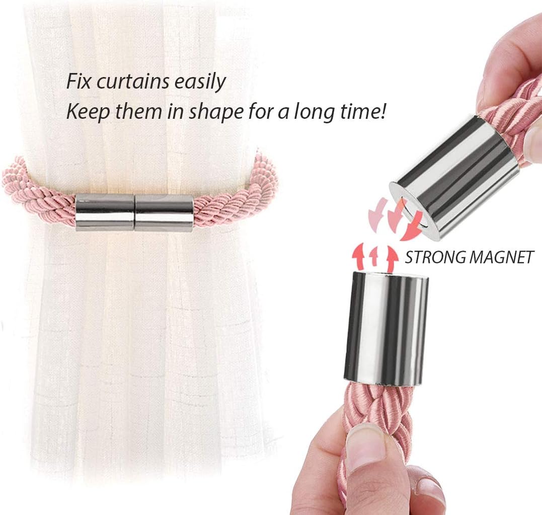 NICEEC 2 Pack Strong Magnetic Curtain Tiebacks Modern Simple Style Drape Tie Backs Convenient Decorative Weave Rope Curtain Holdbacks for Thin or Thick Home & Office Window Draperies (Pink)
