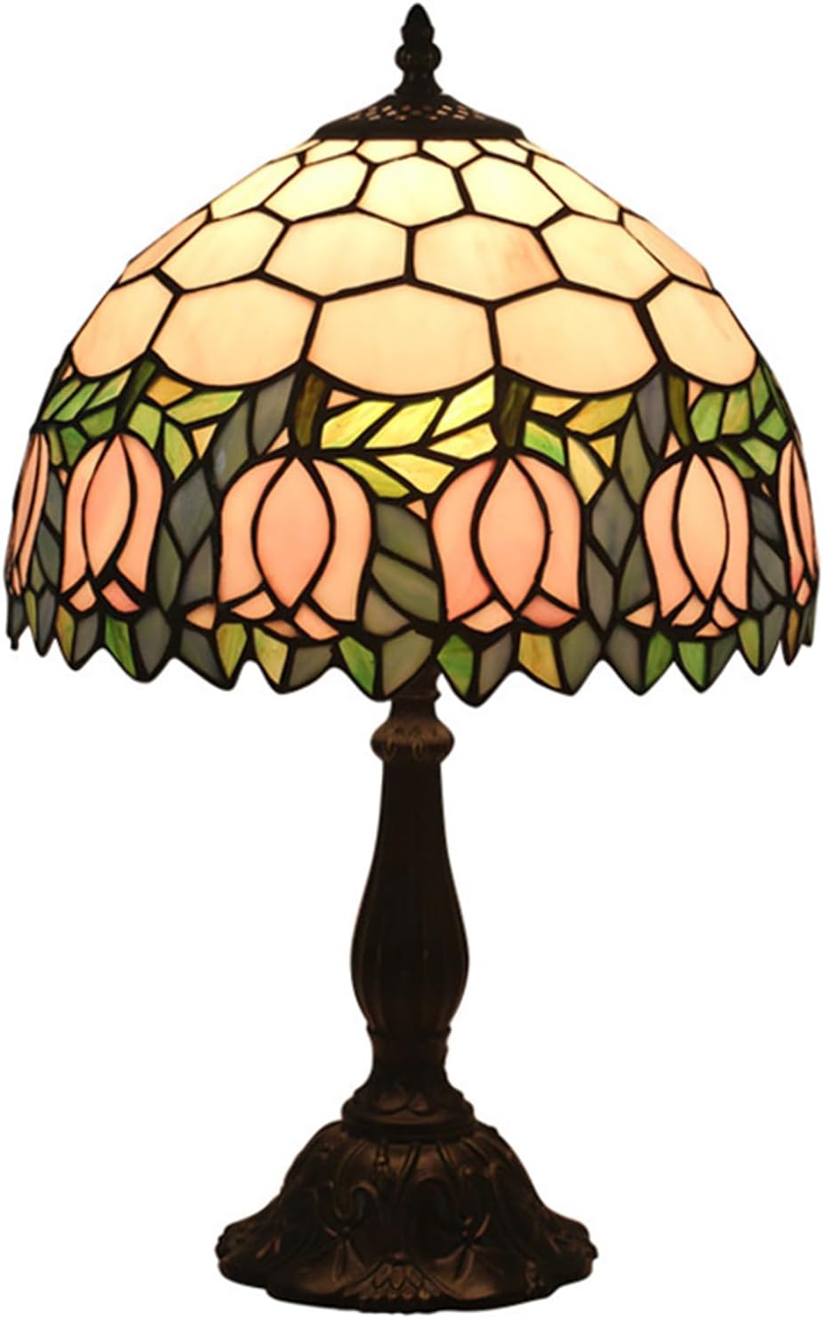 Tiffany Table Lamp,Pink Tulip Stained Glass Table Lamps for Bedroom Bedside 3 Color Temperatures Nightstand Lamp, for Living Room,Dining Room,W/LED Bulb, Mothers Gifts,12X12X19Inch
