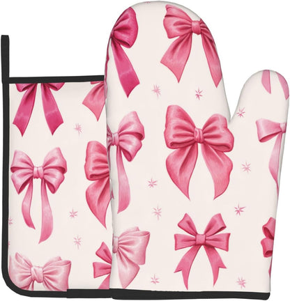 Light Pink Bows in Three Rows Oven Mitts and Pot Holders Sets,Heat Resistant Potholder Kitchen Decor for Cooking Baking BBQ, Oven Glove Set