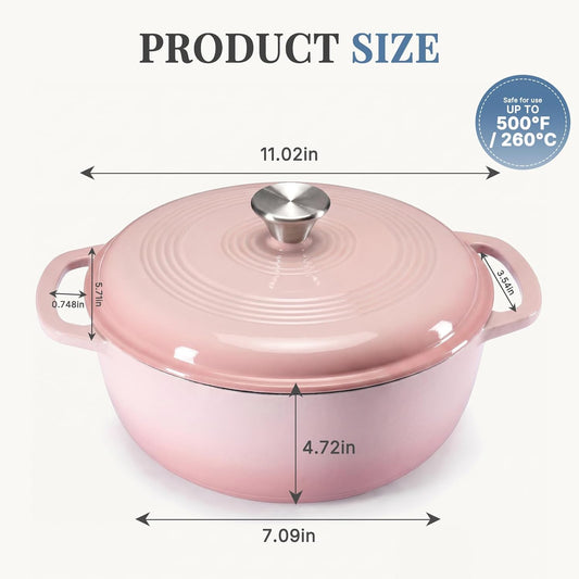 Sweetcrispy 6 Quart Cast Iron Dutch Oven with Lid, Enameled Heavy Duty Cookware, Oven Safe to 500°F, Perfect for Bread Baking, Braising, Roasting & Stews, Moisture-Locking Lid, Dual Handles, Pink