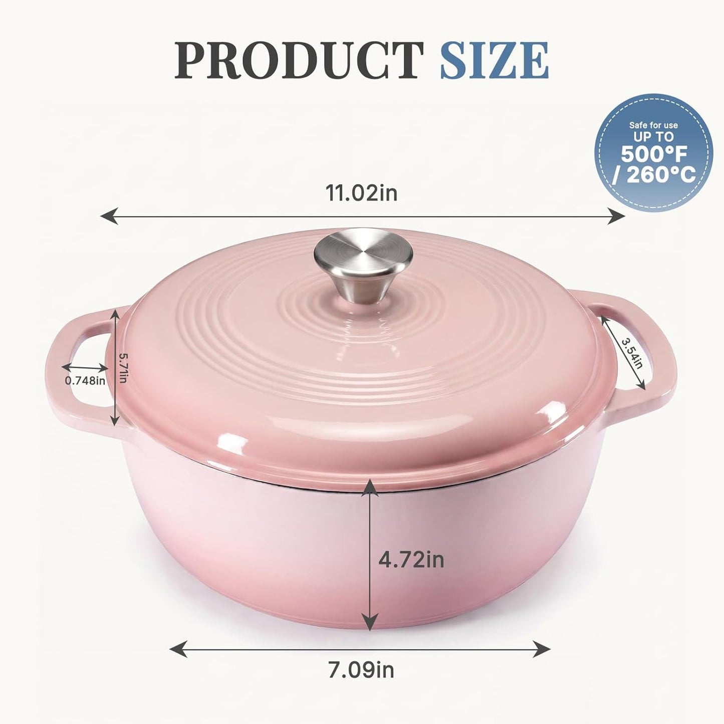 DUMOS Cast Iron Dutch Oven, 6 Quart Pot with Lid, Enameled Heavy Duty Cookware, Oven Safe to 500°F, Perfect for Bread Baking, Braising, Stews and Roasting, Moisture Sealing Lid with Dual Handles, Pink