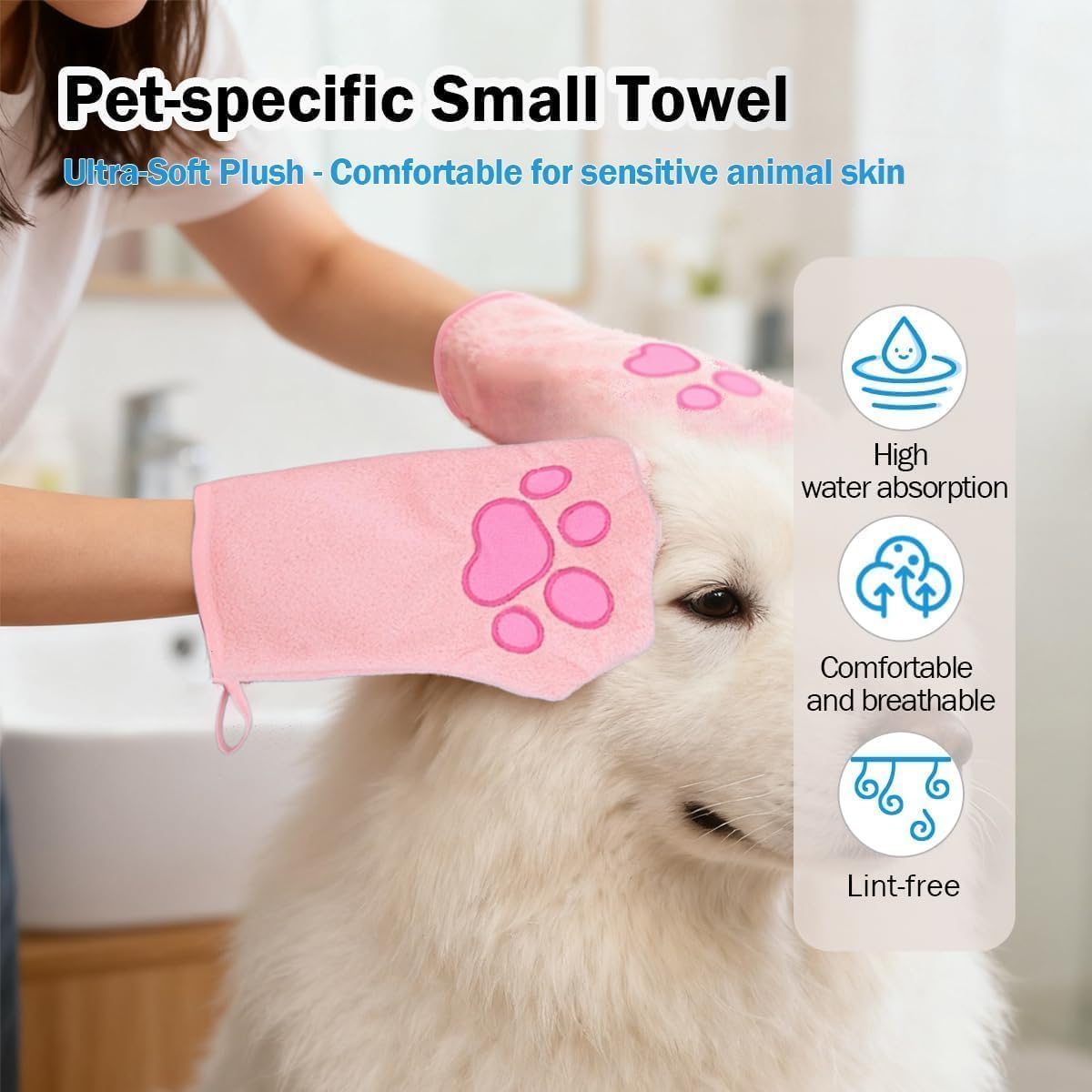 Paw Bathing Towel for Cats, Ultra Soft Microfiber Pet Bath Towel Gloves for Muddy Paws, Ears, Coral Fleece Pet Towel, Quick-Dry Cat Drying Towel, Lint-Free Absorbent with Hanging Loop (blue+pink)