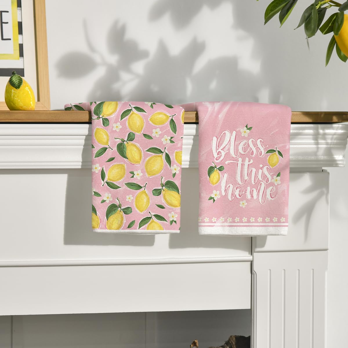 Artoid Mode Pink Lemons Leaves Flowers Summer Kitchen Towels Dish Towels, 18x26 Inch Farmhouse Spring Decoration Cleaning Set of 4