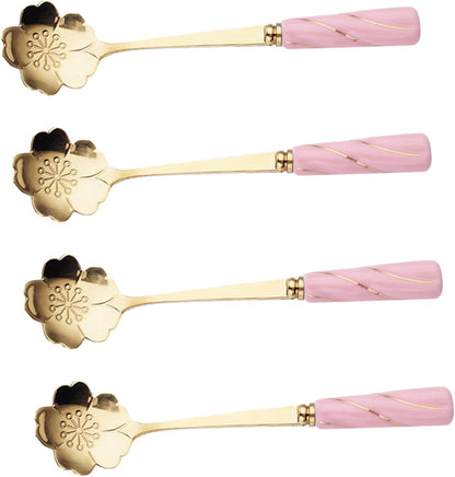 Ipetboom 4pcs Dessert Spoons with Ergonomic Ceramic Handles Multipurpose Flower Design Coffee and Cake Spoons for Household Kitchen Use Pink Gold Cherry Blossom