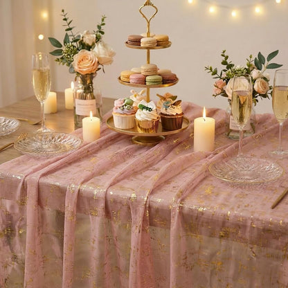Horaldaily Pink Gold Gauze Tablecloth 60x84 Inch Rectangular, Golden Glitter Metallic Foil Thin Mesh Table Cover, Sheer Tulle Cheesecloth for Wedding Baby Shower Party