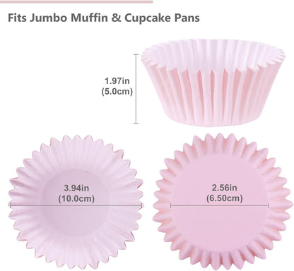 Caperci Heavy Duty Jumbo Cupcake Muffin Liners for Baking - Extra Large 100pcs Grease-Resistant Pink Paper Baking Cups, No Muffin Pan Needed, Odorless, Easily Peels (Pink)