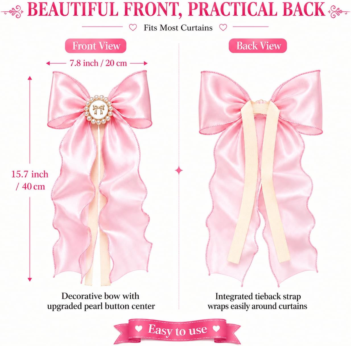 2 Pack Pink Bow Curtain Tiebacks - Decorative Satin Curtain Holdbacks for Girls Room Decor, Cute Curtains Accessories for Nursery Decor, Princess Bedroom & Pink Aesthetic Room