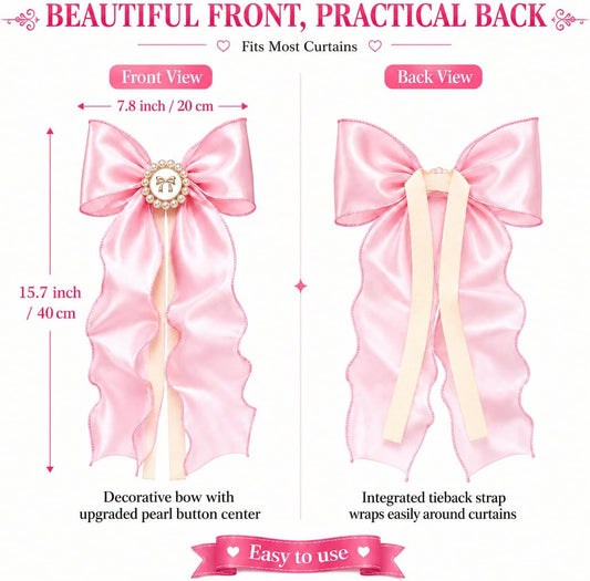 2 Pack Pink Bow Curtain Tiebacks - Decorative Satin Curtain Holdbacks for Girls Room Decor, Cute Curtains Accessories for Nursery Decor, Princess Bedroom & Pink Aesthetic Room