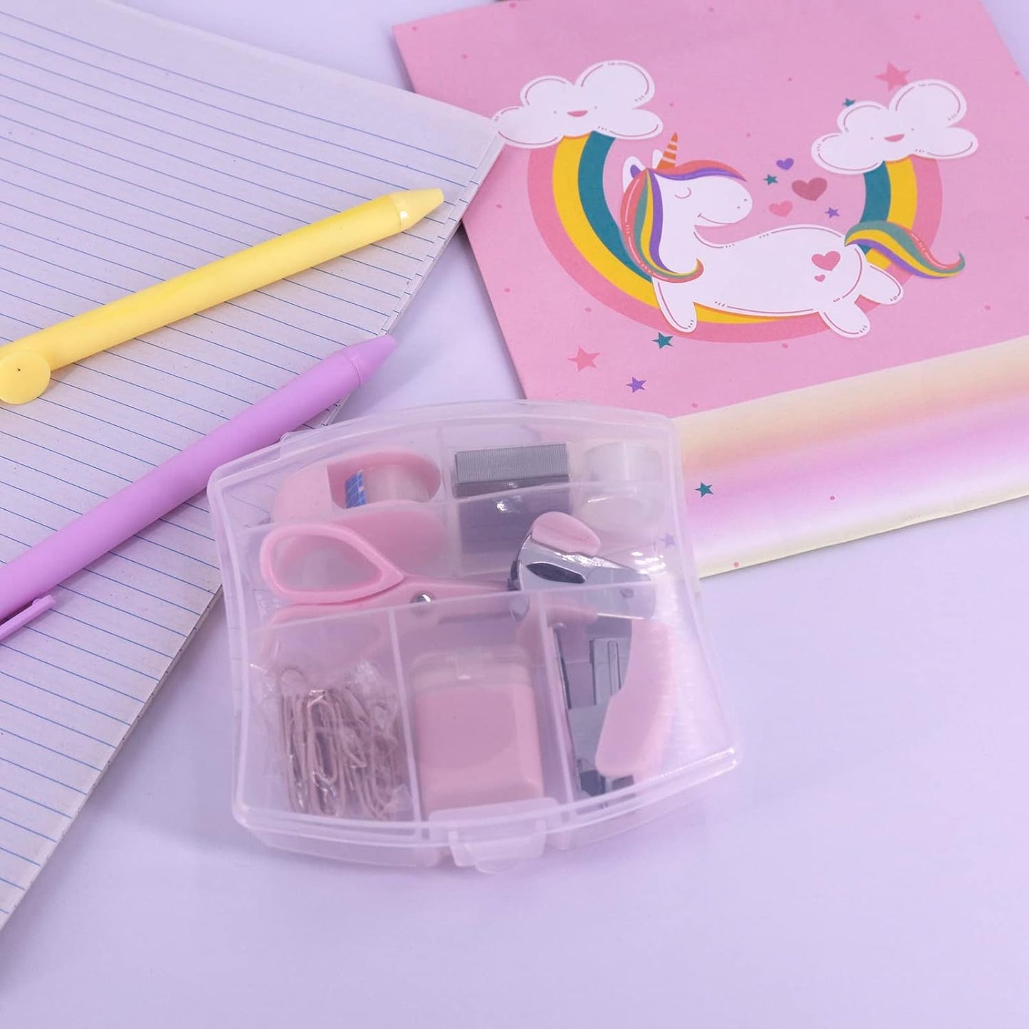 Mini Office Supply Kits Mini School Supplies – Includes Mini Stapler,Scissors, Staple Remover, Staples, Tape Dispenser (Pink)