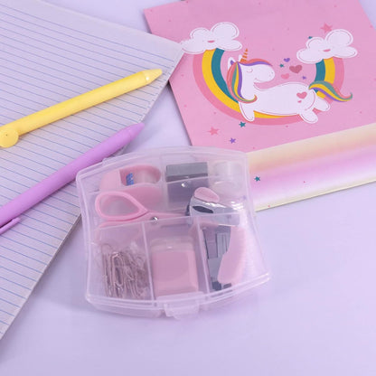 Mini Office Supply Kits Mini School Supplies – Includes Mini Stapler,Scissors, Staple Remover, Staples, Tape Dispenser (Pink)