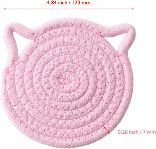Desk Coaster Cat Coasters Pink Set of 2 Large 4.8 Inch Absorbent Cotton Fabric Drink Coasters for Office Desk Protect Wooden Table Coffee and Tea Decor