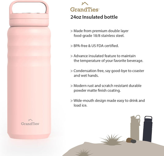 GRANDTIES 2 Lids Sports Stainless Steel Water Bottles – Wide Mouth Vacuum Insulated Reusable Leak Proof BPA-Free Travel Metal Canteen, Thermal Bottles for Men Women Gym (24 oz Peach Crème)