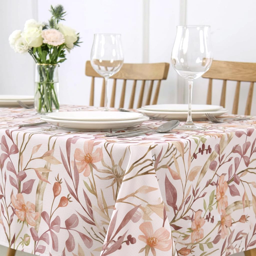 Floral Linen Texture Tablecloth, 60 x 60 Inch, Watercolor Print | Stain & Spill Resistant, Wrinkle Resistant, Reinforced Hem Stitching, Washable Polyester, Fade Resistant Print