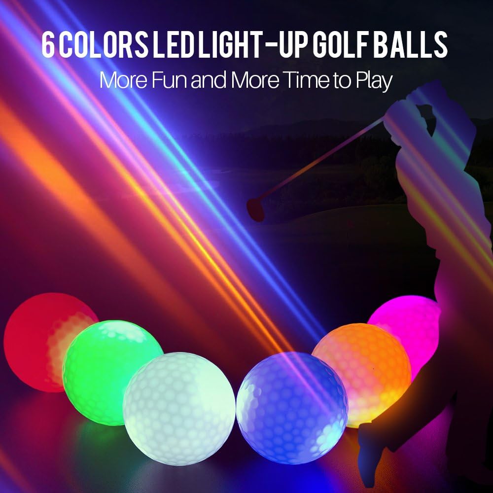 LED Light up Golf Balls, Glow in the Dark Night Golf Balls - Multi Colors of Blue, Orange, Red, White, Green, Pink - Pack of 6