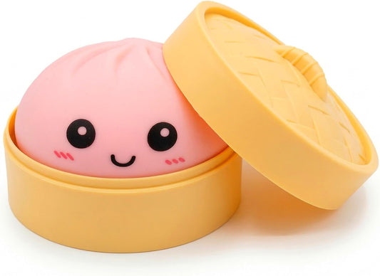 Pink Dumpling Squishies with Box,Squishies Dumplings Stress Relief Balls Fidget Sensory Toy,Bao Bun with Food Steamer Stretchy Desk Squeeze Toys