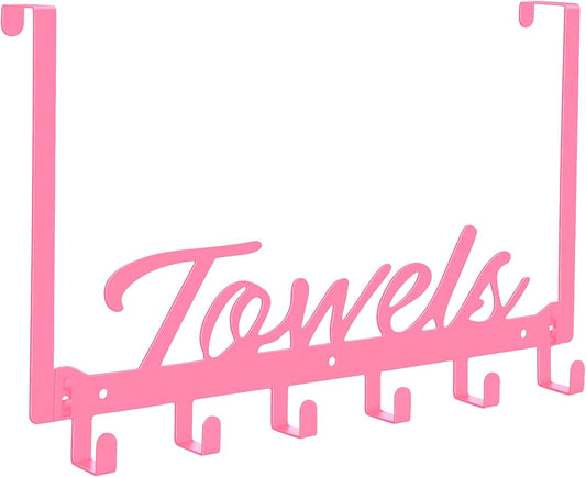 Azmoncy Over The Door Hooks, Towel Rack for Bathroom Door Rack for Hanging Heavy Duty, Door Hanger with 6 Hooks for Bedroom Bathroom Kitchen Bag, Coats, Hats(Pink)