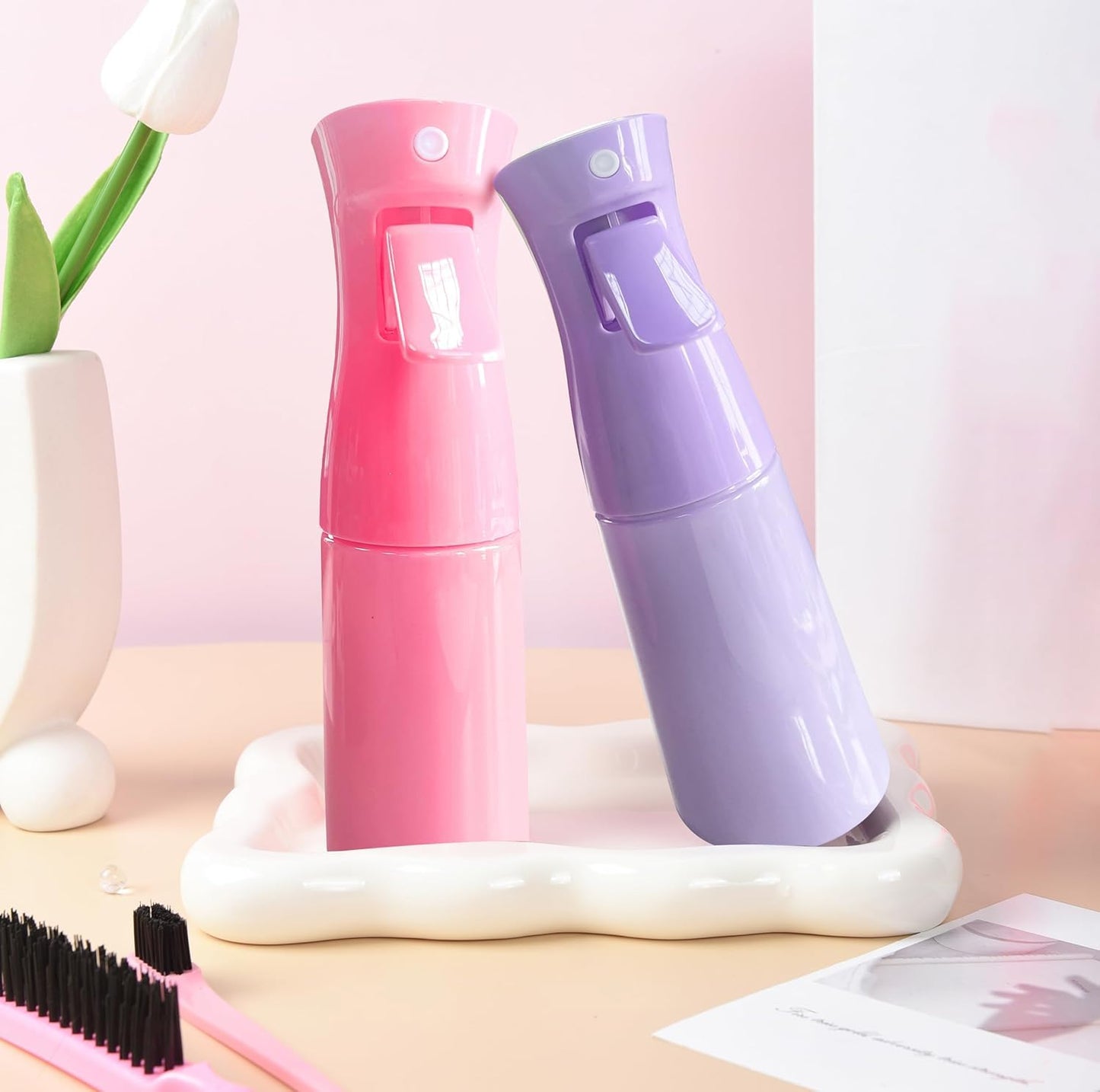 5 Pc Hair Brush Kit with Detangling Brush & Spray Bottle, 3 Soft-Bristle Hairbrushes for Girls, for Wet/Dry Hair, Adults and Children (pink)