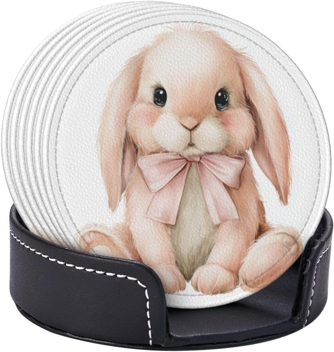 Watercolor Animal Light Pink Bunny Wearing Bow Premium Leather Coasters, Set of 6 with Holder, Stylish Beverage Coasters for Kitchen Coffee Bar