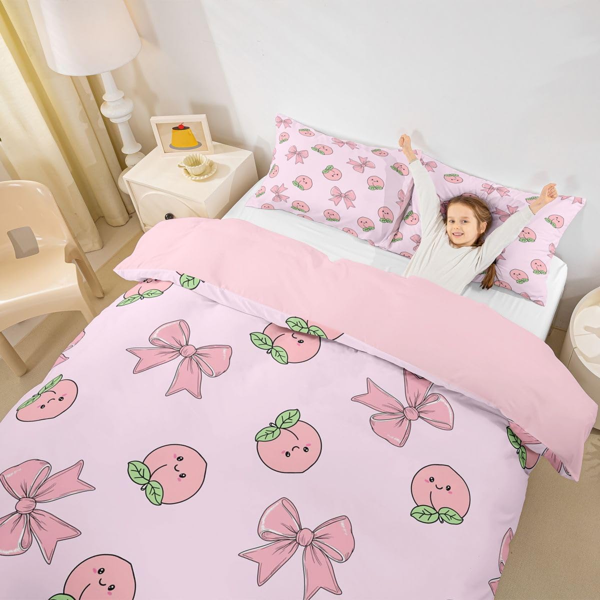 Erosebridal Bowknot Duvet Cover Queen Size Peach Bedding Set for Kids Boys Girls Cute Cartoon Peaches Kawaii Pink Bow Comforter Cover Fruit Princess Ribbon Bowtie Bedclothes