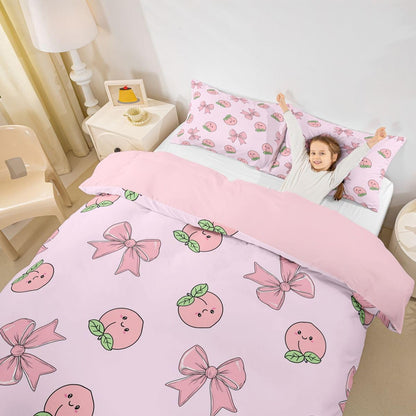Erosebridal Bowknot Duvet Cover Queen Size Peach Bedding Set for Kids Boys Girls Cute Cartoon Peaches Kawaii Pink Bow Comforter Cover Fruit Princess Ribbon Bowtie Bedclothes
