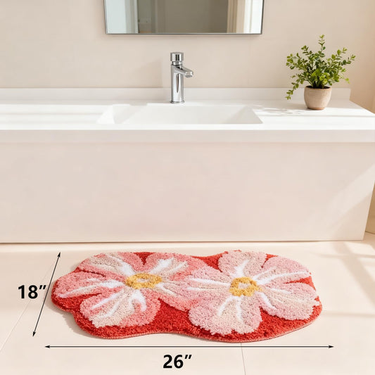 Pink Flower Bathroom Rugs Cute Bath Mat Lovely Floral Shower Bathtub Mat Non-Slip TPR Backing Welcome Doormat Soft Plush Shaggy Indoor Bedroom Living Room Kitchen Carpet
