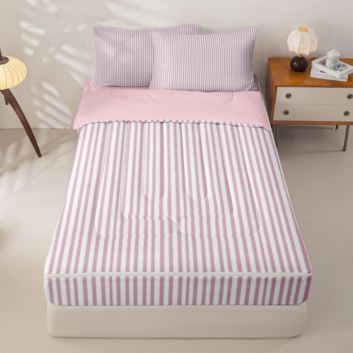 Erosebridal Abstract Striped Light Pink Zipper Comforter Set Full Lines Stripe Bedding Set with Comforters, Sheets, Pillowcases Pinstripe Bed in a Bag Modern Simple Style Bedroom Decor