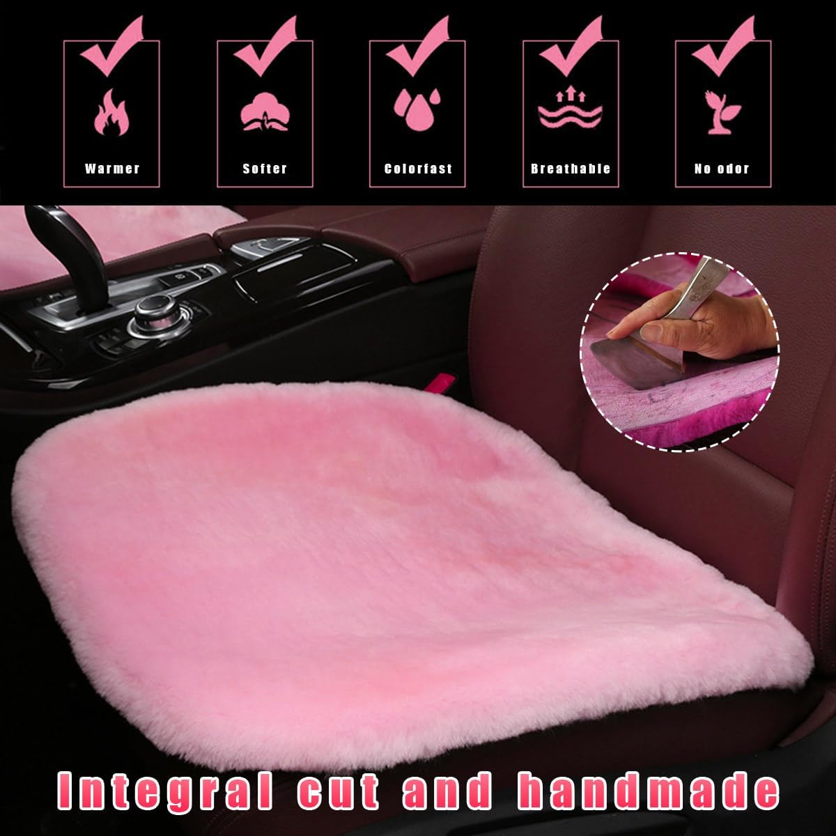 Ohleats Sheepskin Car Seat Cushion, Comfortable Soft Fur Wool Auto Front Seat Cover, Vehicle Seat Protector Pad for Warm Winter Office Chair, Universal Decor Car Accessories (Pink)