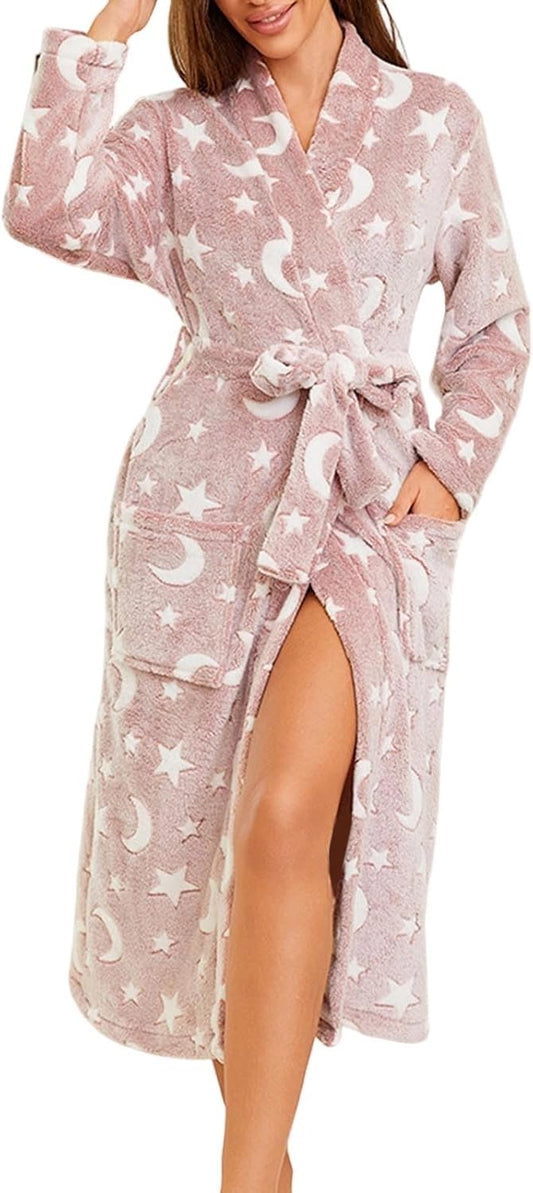 Premium Womens Plush Soft Robe Fluffy, Warm, Fleece Sherpa Shaggy Bathrobe, Cute Pattern Print Long Bath Robe for Women