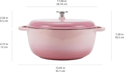 Amazon Basics Enameled Cast Iron Dutch Oven Pot with Lid, Round, Dual Handles, Heavy-Duty, Oven Safe for Stews, Roasting, Baking, 6-Quart, Light Pink