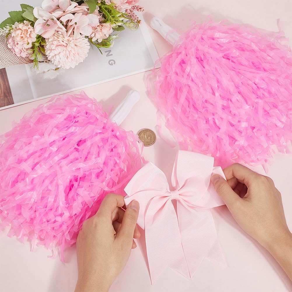 CREATCABIN 4Pcs Cheerleading Pom Poms Large Cheerleader Hair Bow Pink Plastic Cheer Pompoms Cheerleading Accessories with Handle for Team Spirit Sports Dance Cheering Party Basketball Football Rooters